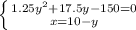 \left \{ {{1.25y^2+17.5y- 150=0} \atop {x=10-y}} \right.