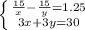 \left \{ {{\frac{15}{x} - \frac{15}{y} = 1.25} \atop {3x+3y=30}} \right.