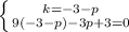 \left \{ {{k=-3-p} \atop {9(-3-p)-3p+3=0}} \right.