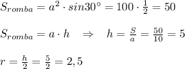 S_{romba}=a^2\cdot sin30^\circ =100\cdot \frac{1}{2}=50\\\\S_{romba}=a\cdot h\; \; \; \Rightarrow \; \; \; h=\frac{S}{a}=\frac{50}{10}=5\\\\r=\frac{h}{2}=\frac{5}{2}=2,5