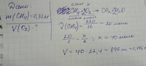 Обчисліть об'єм кисню (н.у.) необхідний для спалювання 0,32 кг метану ( продуктами згоряння якого є