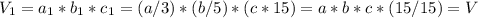 V_1=a_1*b_1*c_1=(a/3)*(b/5)*(c*15)=a*b*c*(15/15)=V