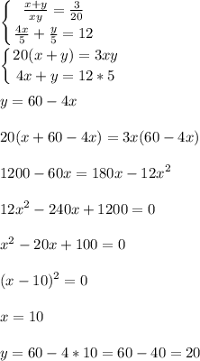 \displaystyle \left \{ {{ \frac{x+y}{xy}= \frac{3}{20}} \atop { \frac{4x}{5}+ \frac{y}{5}=12}} \right.\\\\ \left \{ {{20(x+y)=3xy} \atop {4x+y=12*5}} \right.\\\\y=60-4x\\\\20(x+60-4x)=3x(60-4x)\\\\1200-60x=180x-12x^2\\\\12x^2-240x+1200=0\\\\x^2-20x+100=0\\\\(x-10)^2=0\\\\x=10\\\\y=60-4*10=60-40=20