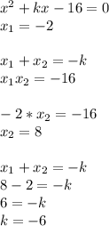 x^2+kx-16=0 \\ x_1=-2 \\ \\ x_1+x_2=-k \\ x_1x_2=-16 \\ \\ -2*x_2=-16 \\ x_2=8 \\ \\ x_1+x_2=-k \\ 8-2=-k \\ 6=-k \\ k=-6