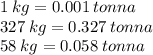 1 \: kg = 0.001 \: tonna \\ 327 \: kg = 0.327 \: tonna \\ 58 \: kg = 0.058 \: tonna \\