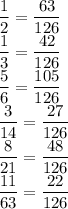 \displaystyle \frac{1}{2} = \frac{63}{126} \\ \frac{1}{3} = \frac{42}{126} \\ \frac{5}{6} = \frac{105}{126} \\ \frac{3}{14} = \frac{27}{126} \\ \frac{8}{21} = \frac{48}{126} \\ \frac{11}{63} = \frac{22}{126}