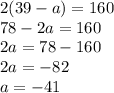 2(39-a)=160 \\ 78-2a=160 \\ 2a=78-160 \\ 2a=-82 \\ a=-41