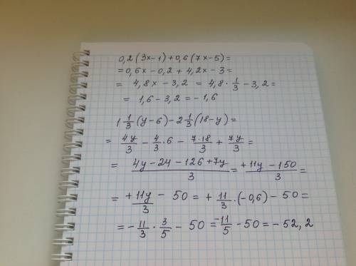 1)найдите значение выражения: а)0,2(3x-1)+0,6(7x-5) при x=1/3 б)1 1/3(y-6)-2 1/3(18-y) при y=-0,6 за