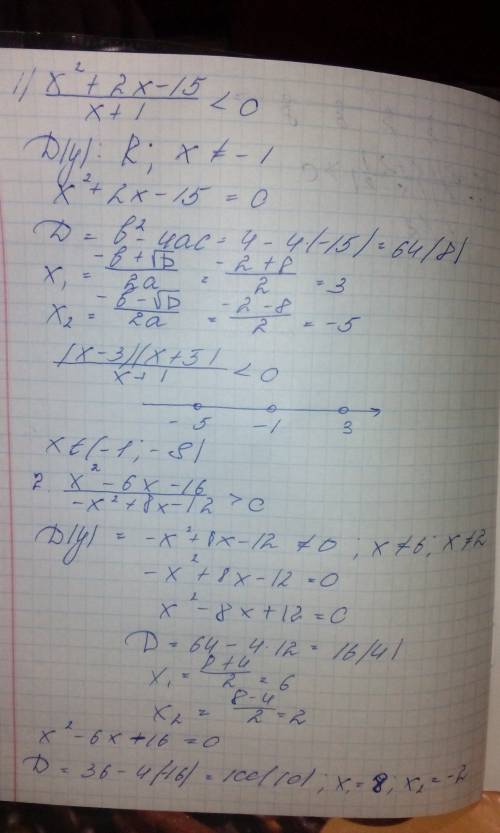 Решите неравенство . 1) х^2+2х-15/х+1< 0; 2)х^2-6х-16/-х^2+8х-12> 0 ; 3)8х-92х^2+5х.