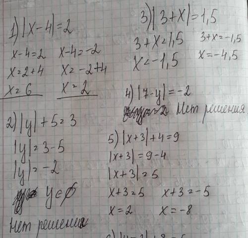 Решите уравнение 1) |х-4|=2 2) |у|+5=3 3)|3+х|=1,5 4)|7-у|=-2 5)|х+3|+4=9 |у-2|+8=5