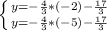 \left \{ {{y=- \frac{4}{3} * (-2) - \frac{17}{3} } \atop {y=- \frac{4}{3} * (-5) - \frac{17}{3} }} \right.