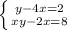 \left \{ {{y-4x=2} \atop {xy-2x=8}} \right. &#10; &#10;