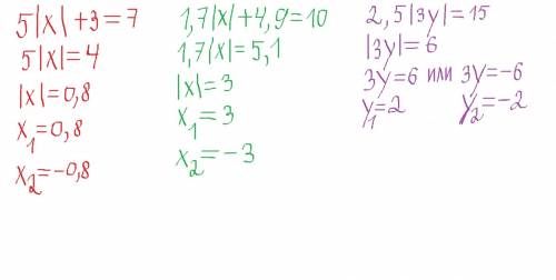 Решите уравнение 5|х|+3=7. 1,7|х|+4,9=10. 2,5|3у|=15