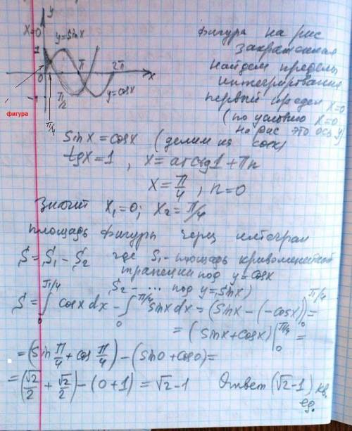 Найти площадь фигуры ограниченной y=sinx, y=|cosx|, x=0, x=пи через интегралы