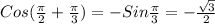 Cos( \frac{ \pi }{2}+ \frac{ \pi }{3})=-Sin \frac{ \pi }{3} =- \frac{ \sqrt{3} }{2}