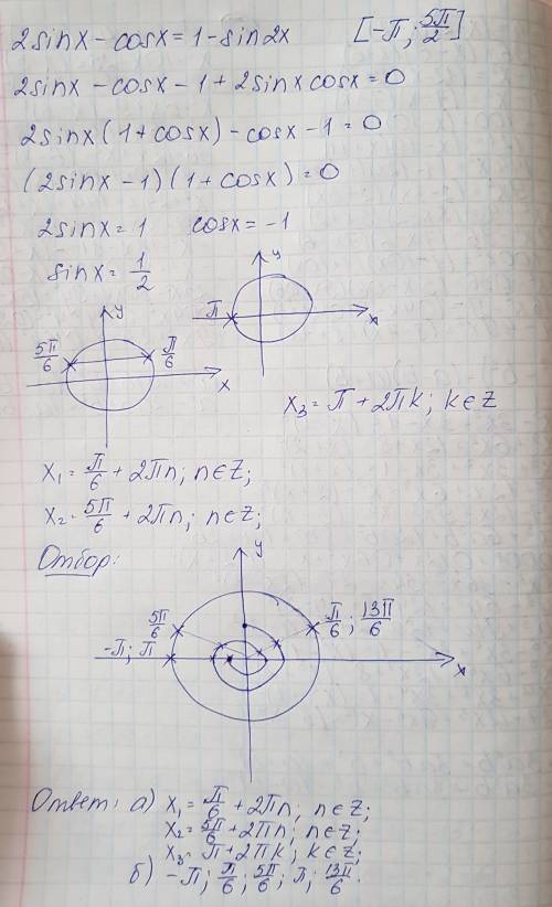 2sinx-cosx=1-sin2x подробно решите найти корни, принадлежащие полуинтервалу [-п; 5п/2)