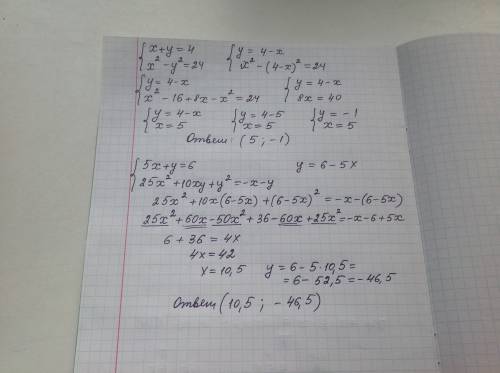 Решить системы уравнений x+y=4, x 2-y 2=24; следующая система 5x+y=6, 25x 2+10xy+y 2=-x-y