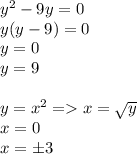 {y}^{2} - 9y = 0 \\ y(y - 9) = 0 \\ y = 0 \\ y = 9 \\ \\ y = {x}^{2} = x = \sqrt{y} \\ x = 0 \\ x = \pm 3