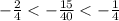 - \frac{2}{4} < - \frac{15}{40} < - \frac{1}{4}