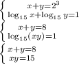 \left \{ {{x+y=2^3} \atop {\log_{15}{x}+\log_{15}{y}=1}} \right. \\ \left \{ {{x+y=8} \atop {\log_{15}(xy)=1}} \right. \\ \left \{ {{x+y=8} \atop {xy=15}} \right.