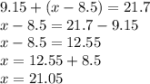 9.15 + (x - 8.5) = 21.7 \\ x - 8.5 = 21.7 - 9.15 \\ x - 8.5 = 12.55 \\ x = 12.55 + 8.5 \\ x = 21.05