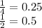 \frac{1}{4} = 0.25 \\ \frac{1}{2} = 0.5