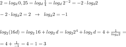 2=log_{d}\, 0,25=log_{d}\, \frac{1}{4}=log_{d}\, 2^{-2}=-2\cdot log_{d}2\\\\-2\cdot log_{d}2=2\; \; \to \; \; log_{d}2=-1\\\\\\log_2(16d)=log_2\, 16+log_2\, d=log_22^4+log_2\, d=4+\frac{1}{log_{d}2}=\\\\=4+\frac{1}{-1}=4-1=3