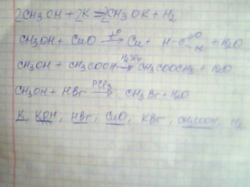 Скакими из перечисленных веществ реагирует метиловый спирт: калий,гидроксид калия, бромоводород, окс