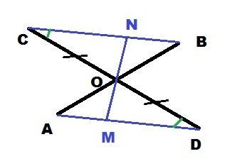Отрезки ав и сд пересекаются в точке о, которая является серединой отрезка сд.точки в и с, а и д сое