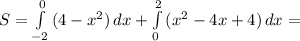 S= \int\limits^0_{-2} {(4-x^2)} \, dx + \int\limits^2_0 {(x^2-4x+4)} \, dx =