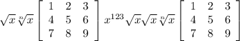 \sqrt{x} \sqrt[n]{x} \left[\begin{array}{ccc}1&2&3\\4&5&6\\7&8&9\end{array}\right] x^{123} \sqrt{x} \sqrt{x} \sqrt[n]{x} \left[\begin{array}{ccc}1&2&3\\4&5&6\\7&8&9\end{array}\right]