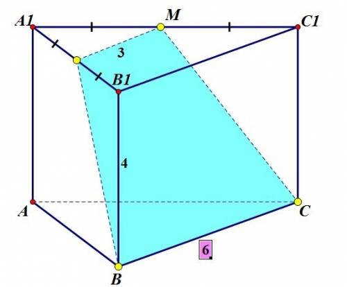 Дано: аbca1b1с1 - правильная призма, вс=6, аа1=4, точка м - середина а1с1. найти: р сечения призмы п