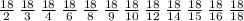 \frac{18}{2} \: \frac{18}{3} \: \frac{18}{4} \: \frac{18}{6} \: \frac{18}{8} \: \frac{18}{9} \: \frac{18}{10} \: \frac{18}{12} \: \frac{18}{14} \: \frac{18}{15} \: \frac{18}{16} \: \frac{18}{18}