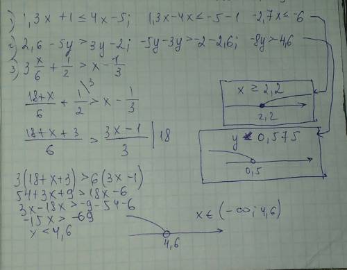 1.3x+1 меньше или равно 4x-5 2.6-5y> 3y-2 3.x/6+1/2> x-1/3