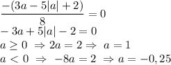 \dfrac{-(3a-5|a|+2)}{8}=0 \\ -3a+5|a|-2=0 \\ a \geq 0 \ \Rightarrow &#10; 2a=2 \Rightarrow \ a=1 \\ a\ \textless \ 0 \ \Rightarrow \ -8a=2 \ \Rightarrow a=-0,25