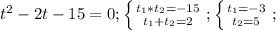 t^{2} -2t-15=0;&#10; \left \{ {{ t_{1}*t_{2}=-15 } \atop {t_{1}+t_{2}=2}} \right. ;&#10; \left \{ {{ t_{1}=-3 } \atop {t_{2}=5}} \right. ;