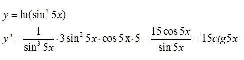 Производная логарифмической функции y=ln·sin(степень 3)5x