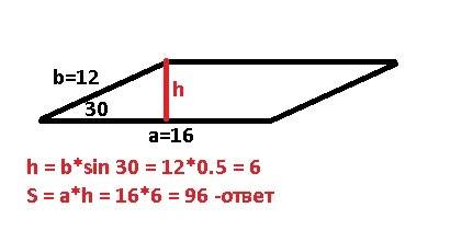 Найдите площадь параллелограмма с острым углом 30° и со сторанами 12см и 16см