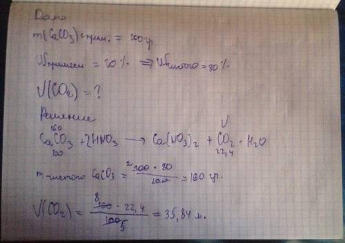 Какой объем углекислого газа (н.у.) образуется при взаимодействии 200 г caco3 (известняка), содержащ