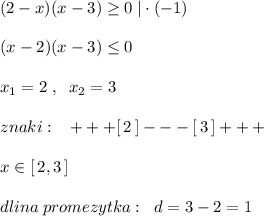 (2-x)(x-3) \geq 0\; |\cdot (-1)\\\\(x-2)(x-3) \leq 0\\\\x_1=2\; ,\; \; x_2=3\\\\znaki:\; \; \; +++[\, 2\, ]---[\, 3\, ]+++\\\\x\in [\, 2,3\, ]\\\\dlina\; promezytka:\; \; d=3-2=1