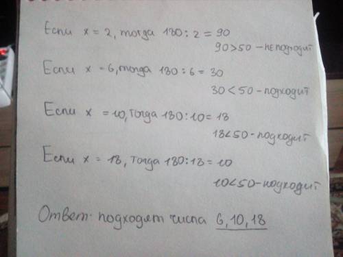Із чисел 2,6,10,18 вибрати такі значення х,при яких нерівність буде правильною 180: х< 50