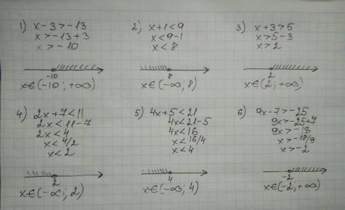 Решите неравенство и изобразите множество его решений на координатной прямой: 1)x-3> -13; 2)x+1&l