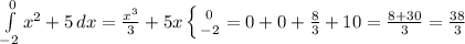 \int\limits^0_{-2} { x^{2} +5} \, dx = \frac{ x^{3} }{3} +5x \left \{ {{0} \atop {-2}} =0+0+\frac{8}{3}+10= \frac{8+30}{3}= \frac{38}{3} \right.