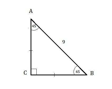 Найдите площадь прямоугольного треугольника если гипотенуза равна 9 а один из острых углов равен 45