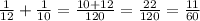 \frac{1}{12} + \frac{1}{10} = \frac{10 + 12}{120} = \frac{22}{120} = \frac{11}{60}