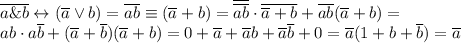 \overline{a\&b}\leftrightarrow(\overline a\lor b)=\overline{ab}\equiv(\overline a+b)=\overline{\overline{ab}}\cdot\overline{\overline a+b}+\overline{ab}(\overline a+b)= \\ ab\cdot a\overline b+(\overline a+\overline b)(\overline a+b)=0+\overline a+\overline ab+\overline a \overline b+0=\overline a(1+b+\overline b)=\overline a&#10;