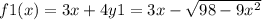 f1(x)=3x+4y1=3x-\sqrt{98-9x^2} }