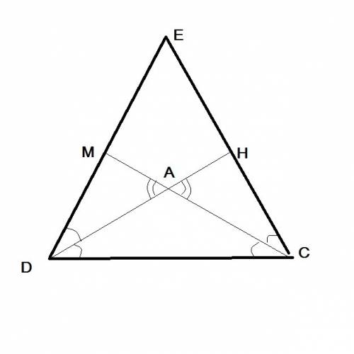 Втреугольнике cde стороны ce и de равны, биссектрисы cm и dh пересекаются в точке а. докажите, что d