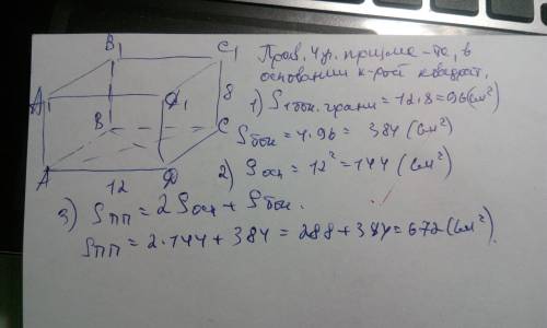 Правильно четырехугольной призме сторона основания равна 12 см и высота равна 8 см вычислите площади