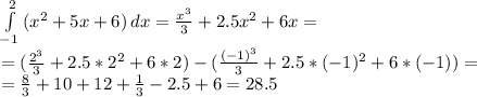 \int\limits^2_{-1} {(x^2+5x+6)} \, dx = \frac{x^3}{3} +2.5x^2+6x=\\=(\frac{2^3}{3} +2.5*2^2+6*2)-(\frac{(-1)^3}{3} +2.5*(-1)^2+6*(-1))=\\= \frac{8}{3} +10+12+ \frac{1}{3} -2.5+6=28.5